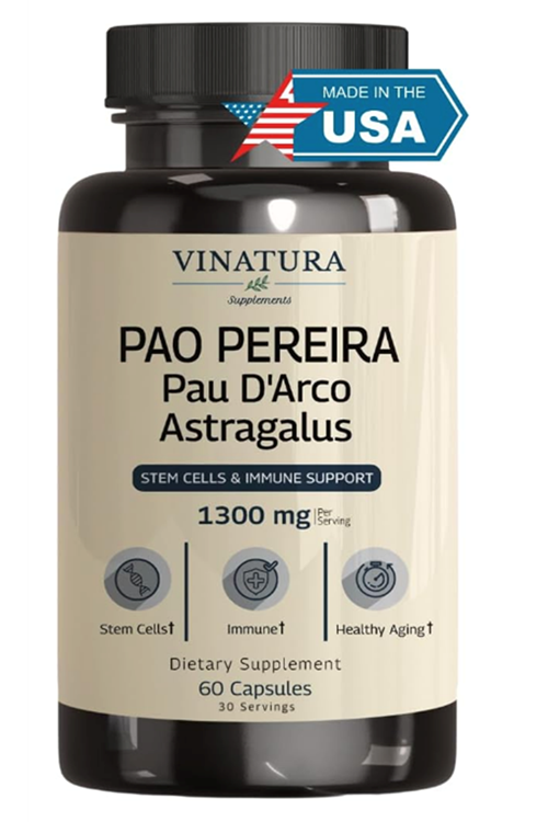 VINATURA Pao Pereira + PAU D'Arco, Astragalus - 1300MG, USA Made & Tested, Stem Cells and Immune Support, 60 Capsules.53E