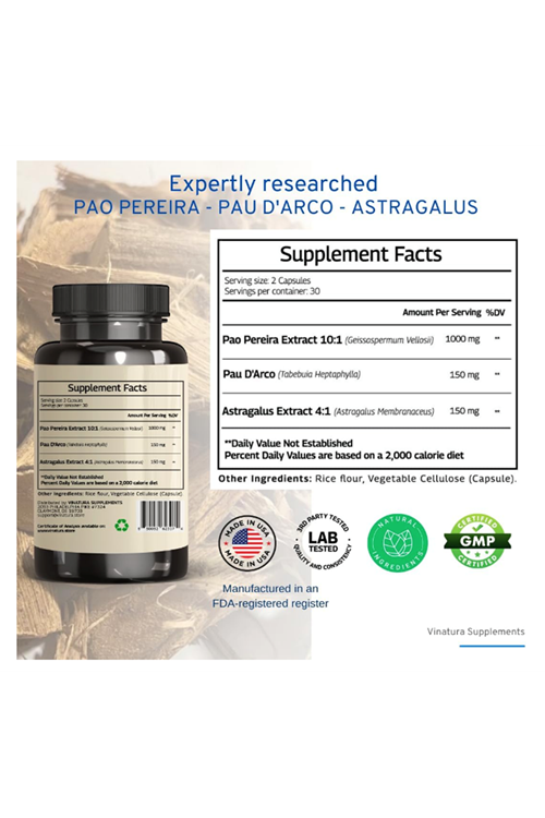 VINATURA Pao Pereira + PAU D'Arco, Astragalus - 1300MG, USA Made & Tested, Stem Cells and Immune Support, 60 Capsules.53E