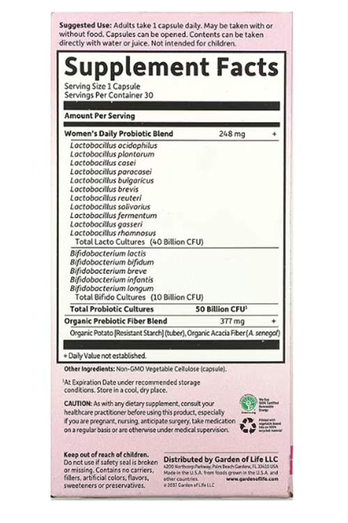 Garden of Life, Dr. Formulated Probiotics, Once Daily Women's, 50 Billion, 30 Vegetarian Capsules.Abd Menşei.59.