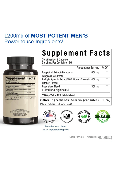 VINATURA Tongkat Alı & Fadogia Agrestis - 1200mg, L-Citrulline and L-Arginine, 60 Capsul.Made ın Usa.54.