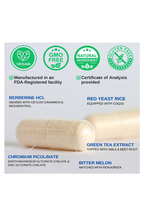 VINATURA Berberine HCL & Ceylon Cinnamon - Red Yeast Rice & CoQ10 1300mg  Healthy Levels with Green Tea Extract, Resveratrol, Magnesium, Glycinate, Chromium Picolinate 60 Capsul.53.