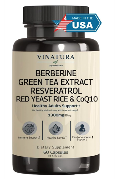 VINATURA Berberine HCL & Ceylon Cinnamon - Red Yeast Rice & CoQ10 1300mg  Healthy Levels with Green Tea Extract, Resveratrol, Magnesium, Glycinate, Chromium Picolinate 60 Capsul.3953