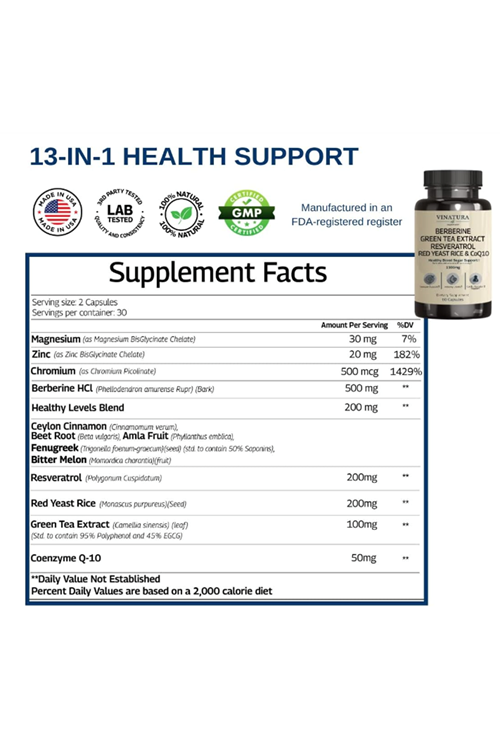 VINATURA Berberine HCL & Ceylon Cinnamon - Red Yeast Rice & CoQ10 1300mg  Healthy Levels with Green Tea Extract, Resveratrol, Magnesium, Glycinate, Chromium Picolinate 60 Capsul.53.