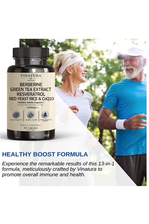 VINATURA Berberine HCL & Ceylon Cinnamon - Red Yeast Rice & CoQ10 1300mg  Healthy Levels with Green Tea Extract, Resveratrol, Magnesium, Glycinate, Chromium Picolinate 60 Capsul.53.