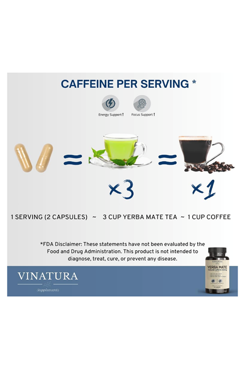 VINATURA Yerba Mate, Taurine - 1400mg - Natural Caffeine & Energy  Enhanced Vitamın B Complex - 60 Capsul.3952