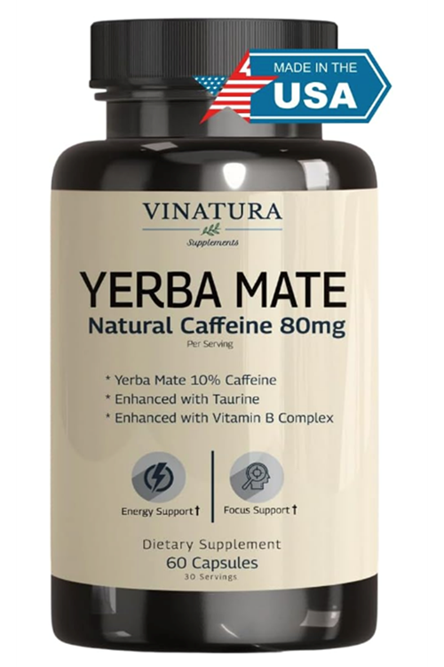 VINATURA Yerba Mate, Taurine - 1400mg - Natural Caffeine & Energy  Enhanced Vitamın B Complex - 60 Capsul.3952