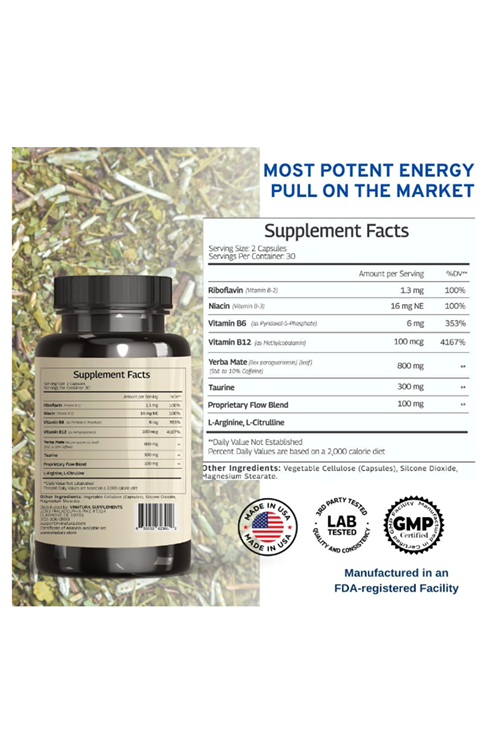 VINATURA Yerba Mate, Taurine - 1400mg - Natural Caffeine & Energy  Enhanced Vitamın B Complex - 60 Capsul.52.