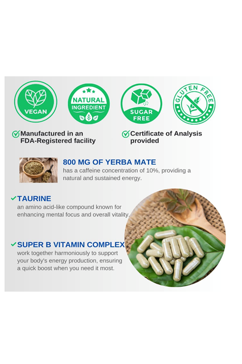 VINATURA Yerba Mate, Taurine - 1400mg - Natural Caffeine & Energy  Enhanced Vitamın B Complex - 60 Capsul.52.