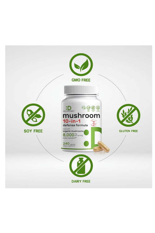 DEAL SUPPLEMENT  Organic 10-in-1 Mushroom  8,000mg Per Serving, 240 Capsules – Lions Mane, Turkey Tail, Reishi, Cordyceps & More Mushroom Complex – Immune, Energy & Nootropic Brain Support .4246