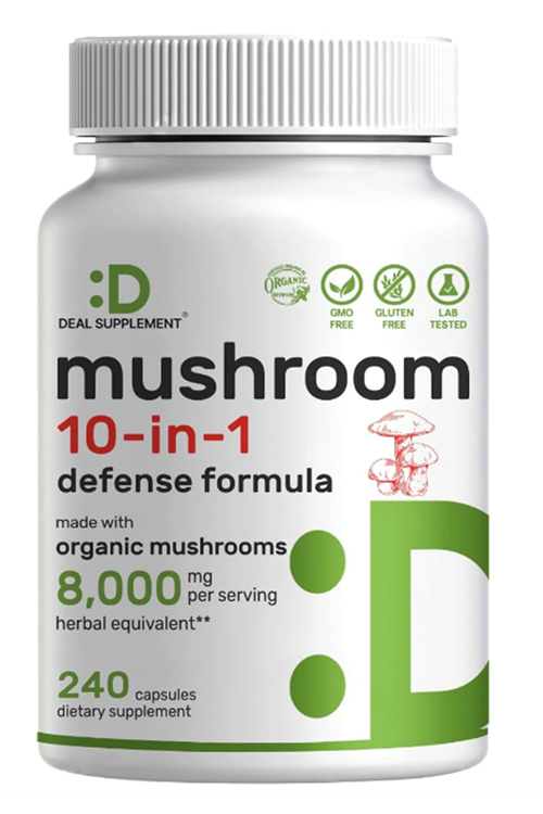 DEAL SUPPLEMENT  Organic 10-in-1 Mushroom  8,000mg Per Serving, 240 Capsules – Lions Mane, Turkey Tail, Reishi, Cordyceps & More Mushroom Complex – Immune, Energy & Nootropic Brain Support .4246