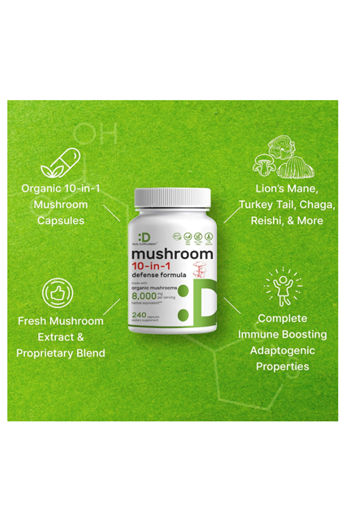 DEAL SUPPLEMENT  Organic 10-in-1 Mushroom  8,000mg Per Serving, 240 Capsules – Lions Mane, Turkey Tail, Reishi, Cordyceps & More Mushroom Complex – Immune, Energy & Nootropic Brain Support .4246