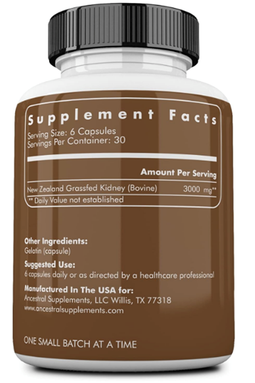 Ancestral Supplements Grass Fed Beef Kidney, 3000mg, DAO Enzyme for Urinary and Histamine Health, Selenium, B12, Non GMO, 180 Capsul.Made ın Usa.4059