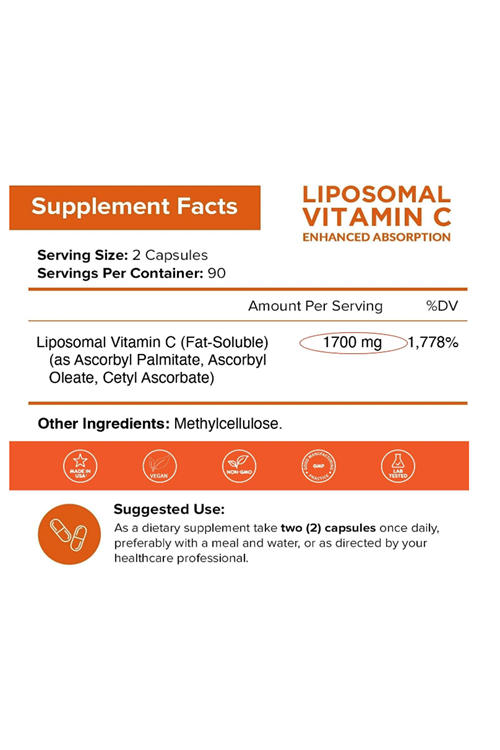 NutriFlair Liposomal Vitamin C 1700mg, 180 Capsul - High Absorption, Fat Soluble VIT C, Antioxidant, Higher Bioavailability Immune System Support & Collagen Booster