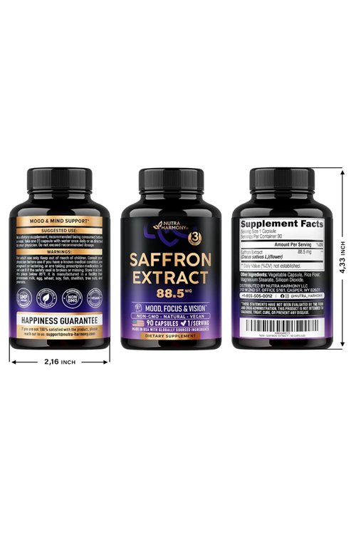 NUTRAHARMONY Saffron Extract 88.5 mg - Made in USA - Mood  Focus  Vision  Energy Support - Eye Health for Women & Men - NonGMO Vegan - 90  Capsules