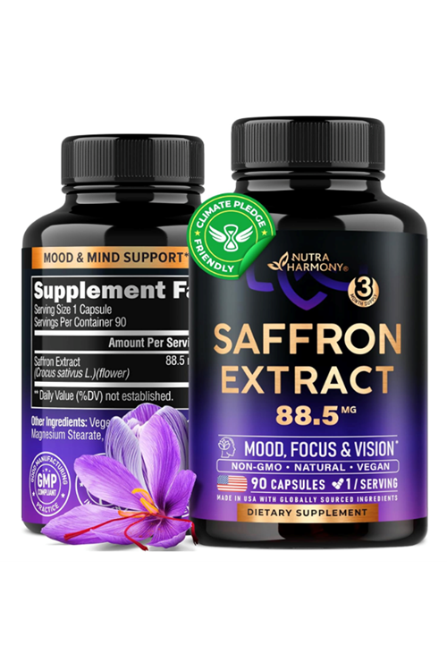 NUTRAHARMONY Saffron Extract 88.5 mg - Made in USA - Mood  Focus  Vision  Energy Support - Eye Health for Women & Men - NonGMO Vegan - 90  Capsules