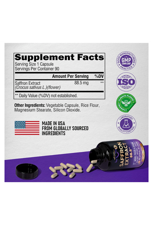 NUTRAHARMONY Saffron Extract 88.5 mg - Made in USA - Mood  Focus  Vision  Energy Support - Eye Health for Women & Men - NonGMO Vegan - 90  Capsules