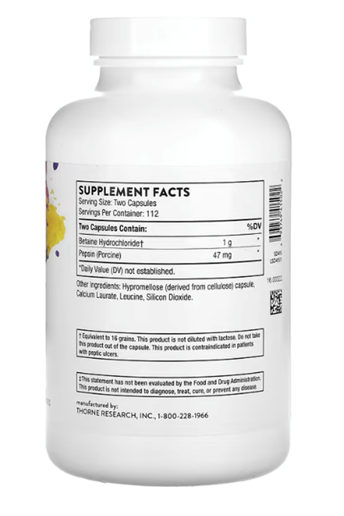 Thorne, Betaine HCL & Pepsin, 225 Capsules.Made ın Usa