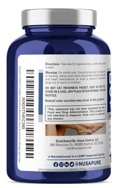 NusaPure Diosmin Complex 1,000mg per Serving 180 Veggie Caps (Non-GMO, Vegan) Citrus Aurantium.Made ın Usa.54R