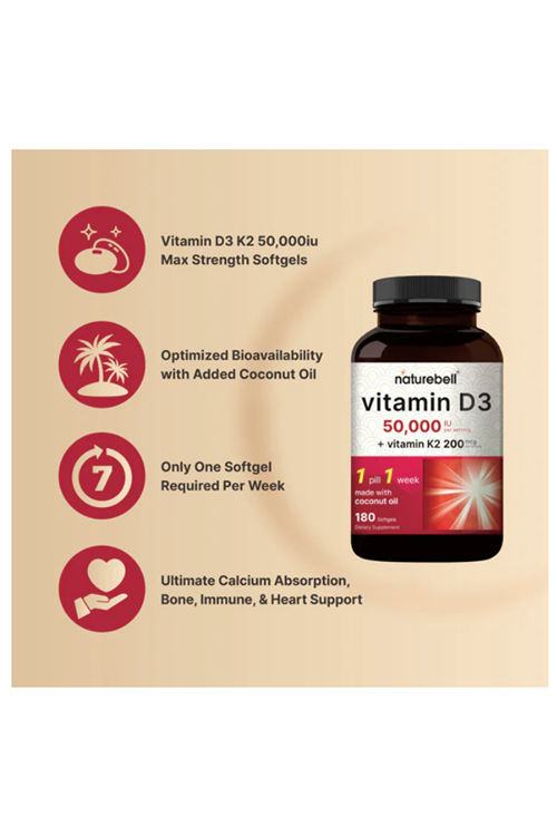 Naturebell  Vitamin D3 50,000 IU with K2 200 mcg, 180 Coconut Oil Softgels.Made ın Usa.57.