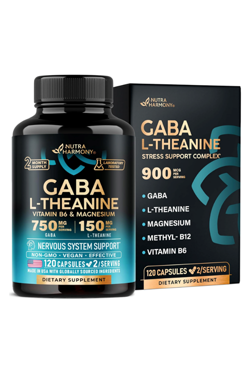 NUTRAHARMONY  GA.BA L-Theanine 900mg 120 Capsul - Made in USA - Magnesium  Vitamin B6 - Calm,Sleep,Relaxation  Mood Support - Gam.ma AminoButyric Acid, L-Theanine, Vegan.50..