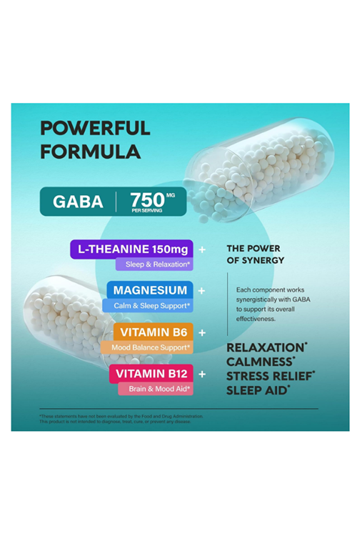 NUTRAHARMONY  GA.BA L-Theanine 900mg 120 Capsul - Made in USA - Magnesium  Vitamin B6 - Calm,Sleep,Relaxation  Mood Support - Gam.ma AminoButyric Acid, L-Theanine, Vegan.50..