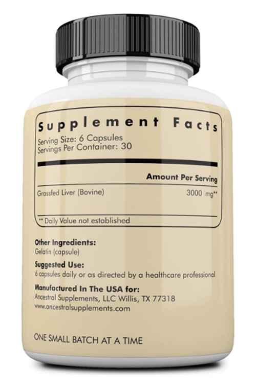 Ancestral Supplements Grass Fed Beef Liver 180 Capsules, Supports Energy Production, Detoxification, Digestion, Immunity and Full Body Wellness, Non-GMO, Freeze Dried Liver Health.4065
