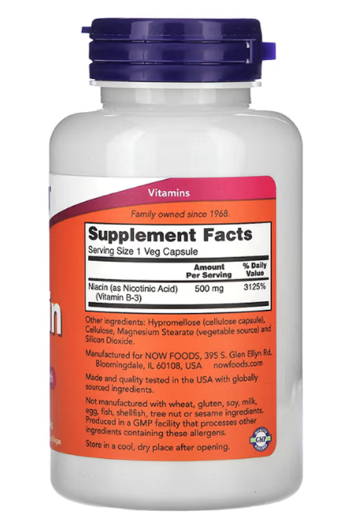 NOW Foods, Niacin, 500 mg, 100 Veg Capsules.