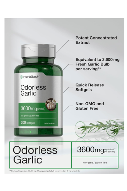 Horbäach Odorless Garlic 200 Softgels 3600mg  Ultra Potent Garlic Extract  Non-GMO & Gluten Free.