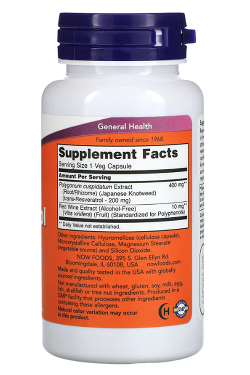 NOW Foods, Resveratrol, 200 mg, 60 Veg Capsules..Abd Menşeidir.