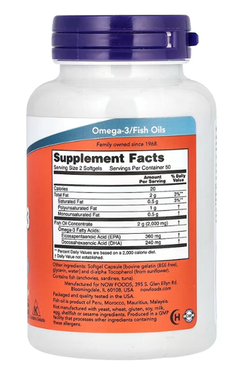 NOW Foods, Omega-3 Fish Oil, 1,000 mg, 180 EPA - 120 DHA, 100 Softgels.