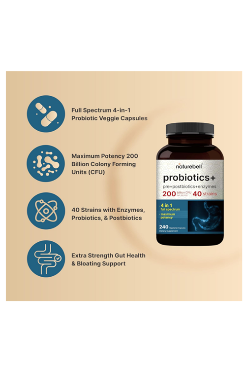 NatureBell Probiotics 200 Billion CFU Per Serving  240 Veggie Capsul with Synbiotic Blend of Digestive Enzymes, Prebiotics, & Postbiotics – 40 Strains – Full-Spectrum Gut Health & Bloating Support.4050.