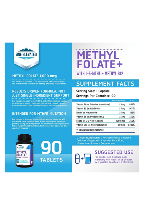 One Elevated Most Bioactive Methyl Folate Uniquely Formulated with Highest Grade Methylcobalamin (B12), Niacin, B1, B2 B6 90 Capsul.Made ın Usa