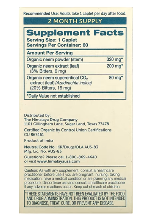 Himalaya Organic NEEM 60 Taplets.Abd Menşei.48.