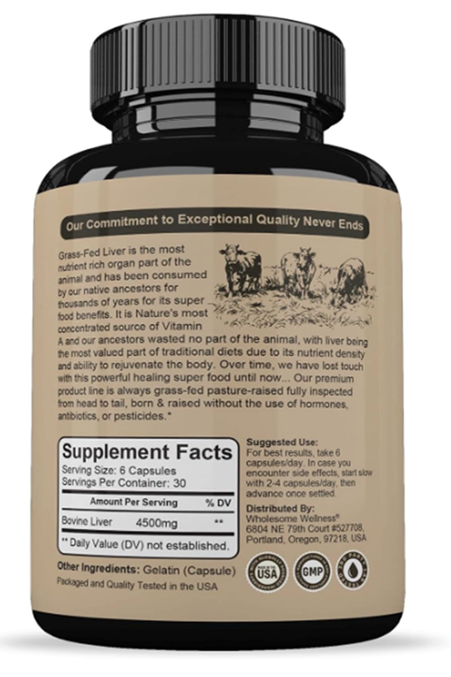 Wholesome Wellness Grass Fed Desiccated Beef Liver 4500mg 180 Capsules - Natural Iron, Vitamin A, B12 for Energy.Amazon Best Seller.57