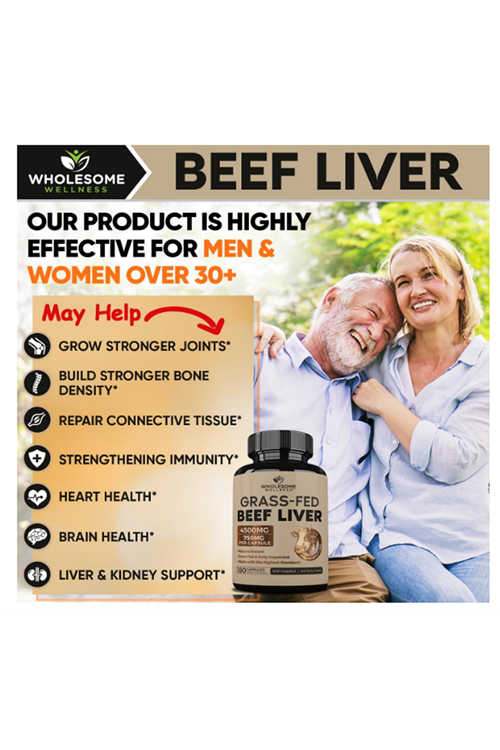 Wholesome Wellness Grass Fed Desiccated Beef Liver 4500mg 180 Capsules - Natural Iron, Vitamin A, B12 for Energy.Amazon Best Seller.57