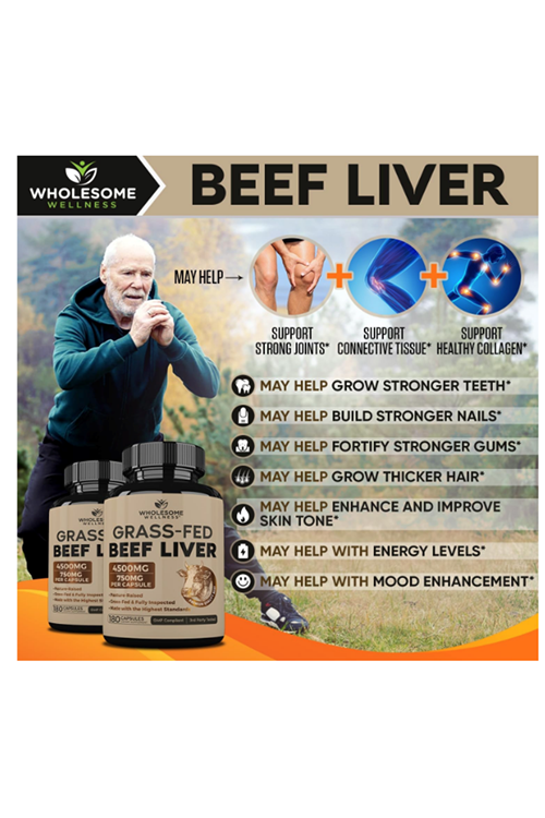 Wholesome Wellness Grass Fed Desiccated Beef Liver 4500mg 180 Capsules - Natural Iron, Vitamin A, B12 for Energy.Amazon Best Seller.57