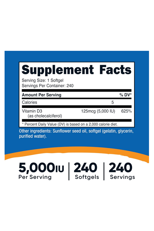 Nutricost Vitamin D3 5,000 IU (125mcg), 240 Softgels.Abd Menşei