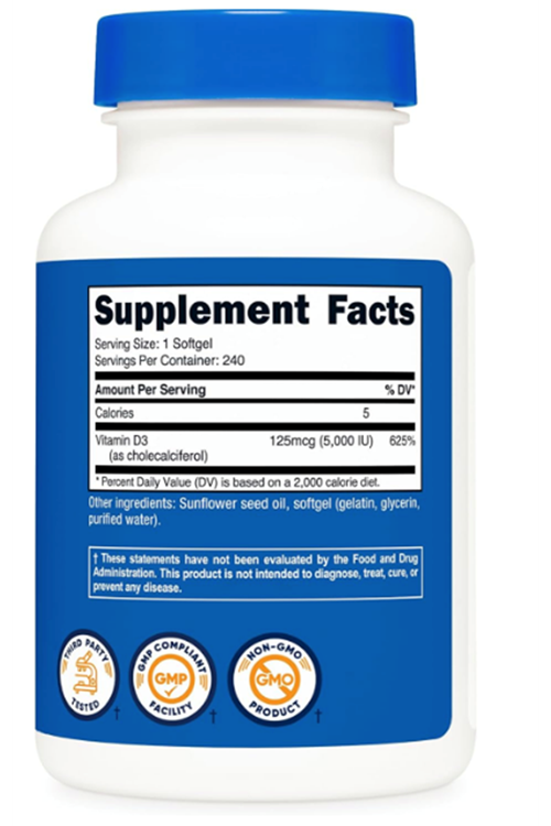 Nutricost Vitamin D3 5,000 IU (125mcg), 240 Softgels.Abd Menşei
