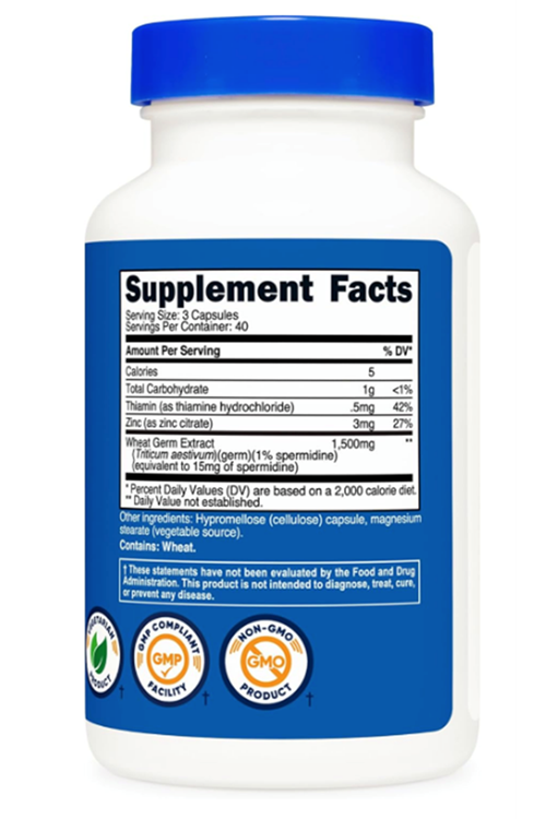 Nutricost Spermidine  1500mg Wheat Germ Extract, 120 Capsules - 15mg Equivalent Spermidine Per Serving.Abd Menşei.