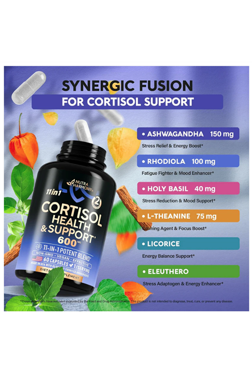 NUTRAHARMONY  Cortısol Healt Support - 11-in-1 Supplement 600mg  60 Capsul.Abd Menşei.46.