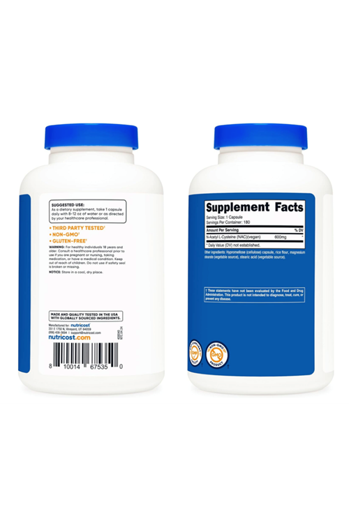 Nutricost N-Acetyl L-Cysteine (N.A.C) 600mg, 180 Capsules.Abd Menşei