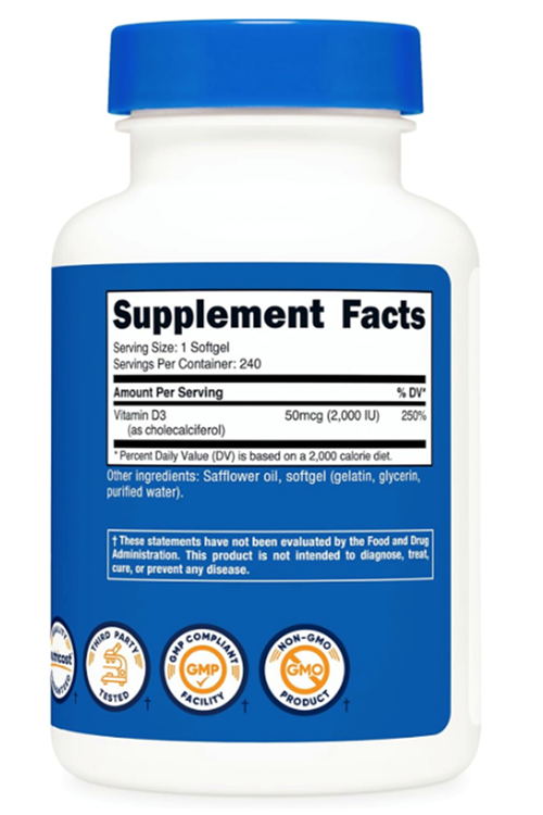 Nutricost Vitamin D3 2000 iu Softgels, 240 Softgels.Abd Menşei