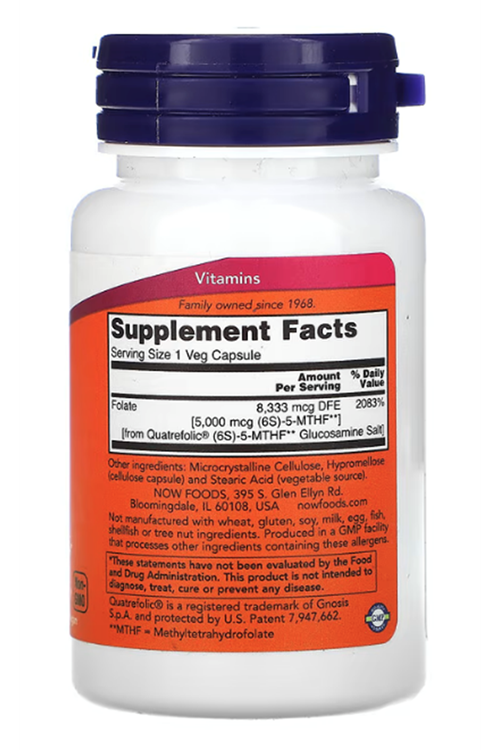 NOW Foods, Methyl Folate, 5,000 mcg, 50 Veg Capsules.Abd Menşei.