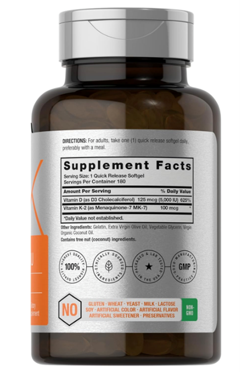 Horbaach Vitamin D3 K2 5000 iu  100mcg MK-7 Complex  180 Softgel.Abd Menşei