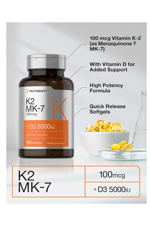 Horbaach Vitamin D3 K2 5000 iu  100mcg MK-7 Complex  180 Softgel.Abd Menşei