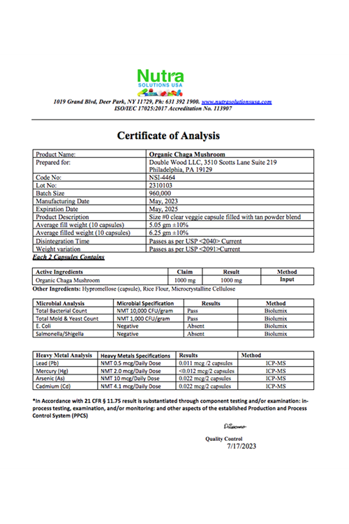 Double Wood Chaga Mushrooms 120 Capsules  1,000mg.Abd Menşei