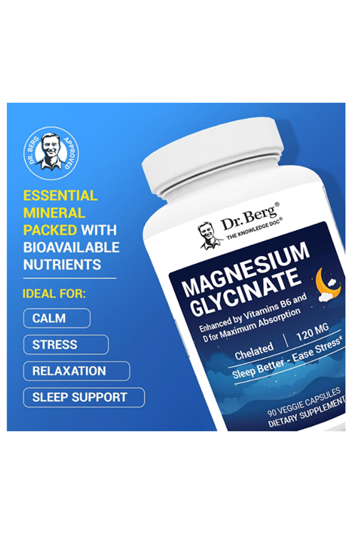 Dr. Berg Magnesium Glycinate  - 90 Capsul - Vitamin D, B6 & Zinc for Stress Relief, Calm, Relaxation, & Good Sleep* - 120 mg  Magnesium Bisglycinate  - Chelated Magnesium Glycinate. Abd Menşei.45