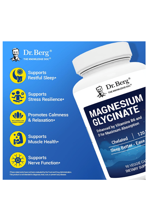 Dr. Berg Magnesium Glycinate  - 90 Capsul - Vitamin D, B6 & Zinc for Stress Relief, Calm, Relaxation, & Good Sleep* - 120 mg  Magnesium Bisglycinate  - Chelated Magnesium Glycinate. Abd Menşei.45