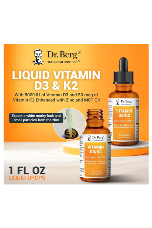 Dr. Berg Liquid Vitamin D3 & K2  with Zinc - for Bone, Teeth, Mood & Immune Health - 1 fl oz 30ml 38 Servis.Abd Menşei.