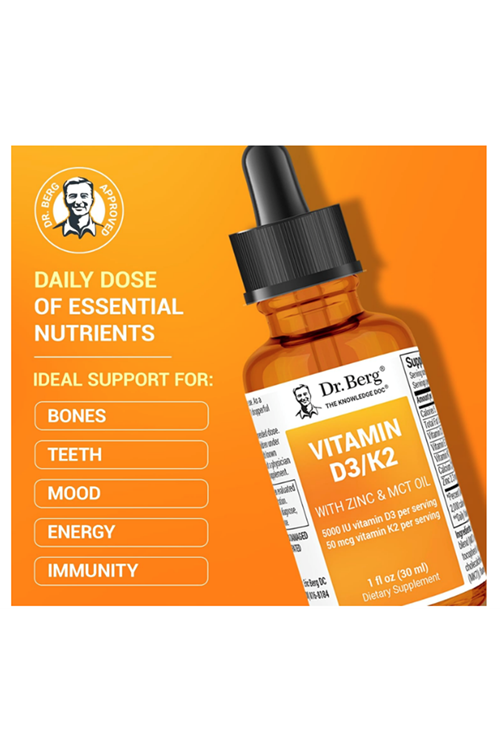 Dr. Berg Liquid Vitamin D3 & K2  with Zinc - for Bone, Teeth, Mood & Immune Health - 1 fl oz 30ml 38 Servis.Abd Menşei.